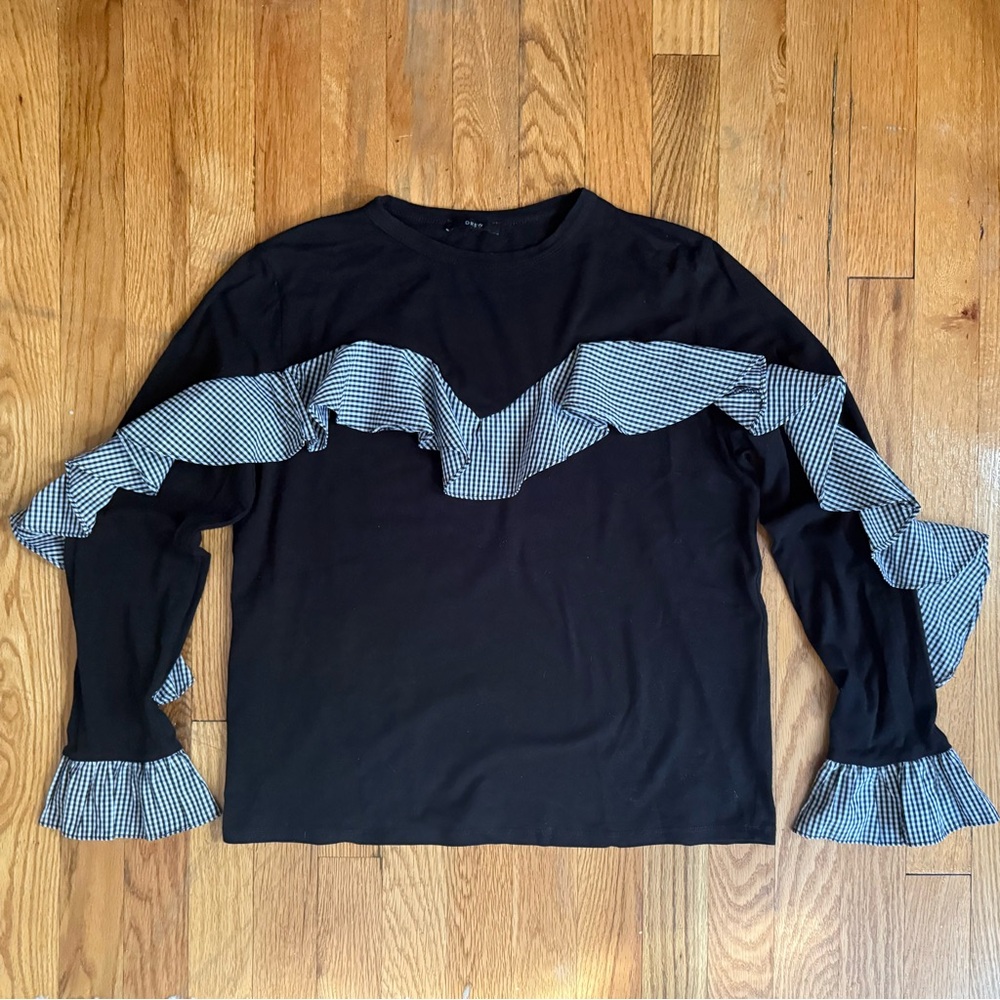 Anthropologie DREW Black Long Sleeve Top with Gingham Ruffle Accents - Size XS